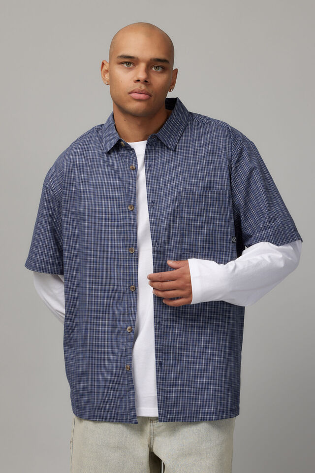 Short Sleeve Shirt, NAVY BLUE MICRO CHECK