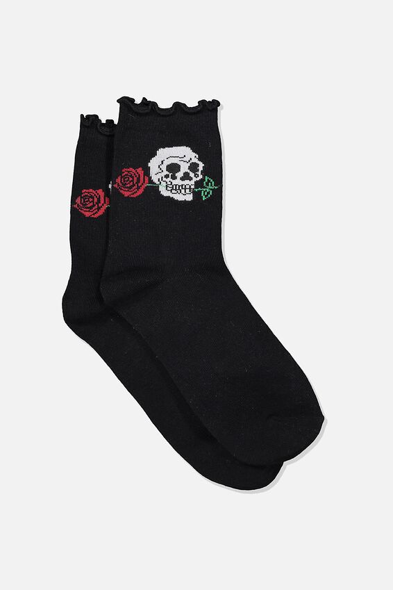 Embroidered Ruffle Edge Sock, SKULL_ROSE