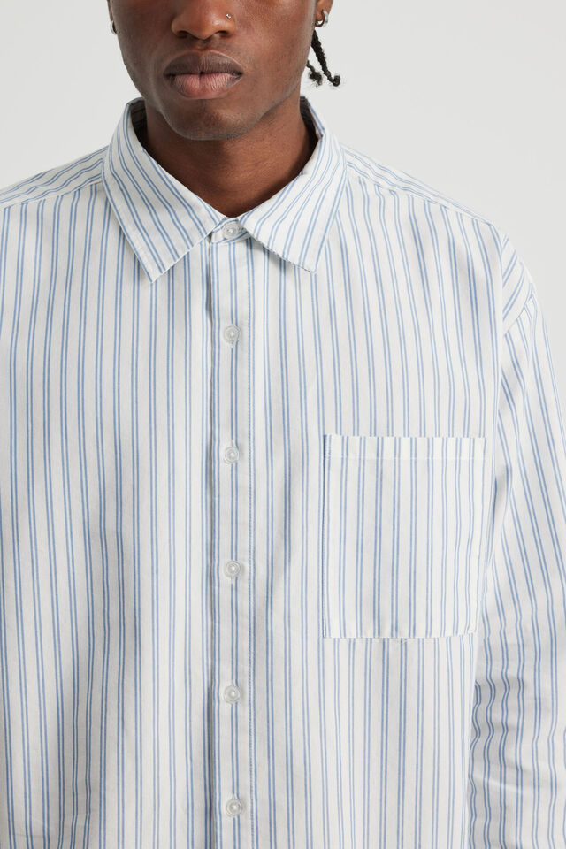 Authentics Boxy Cropped Long Sleeve Shirt, BLUE WHITE PINSTRIPE