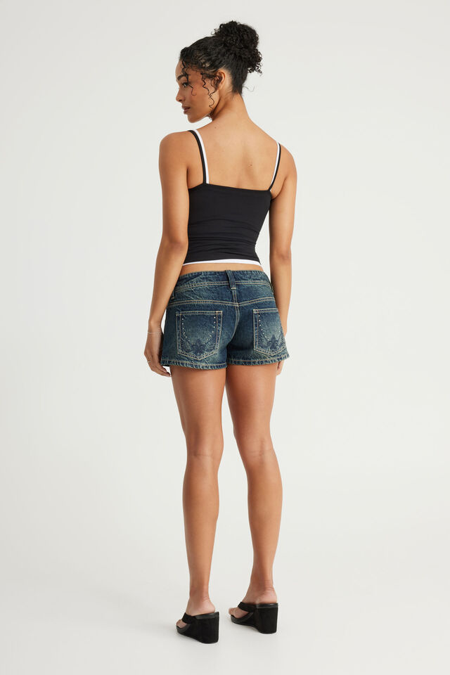 Sidekick Low Rise Booty Short, AURA BLUE/EMBROIDERY