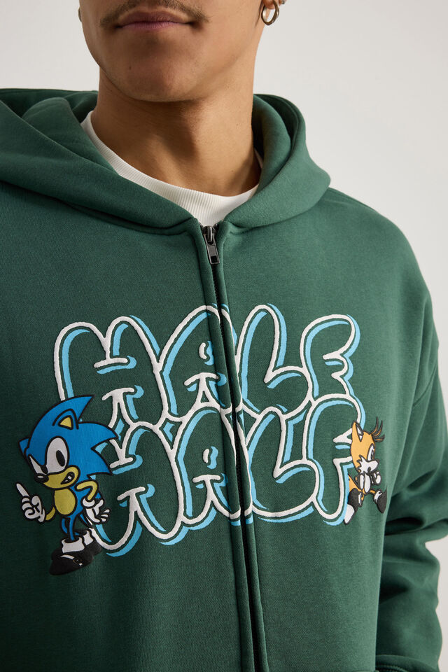 Sonic X Half Half Zip Thru Hoodie, LCN SEG WASHED GREEN/SONIC AND TAILS BUBBLE