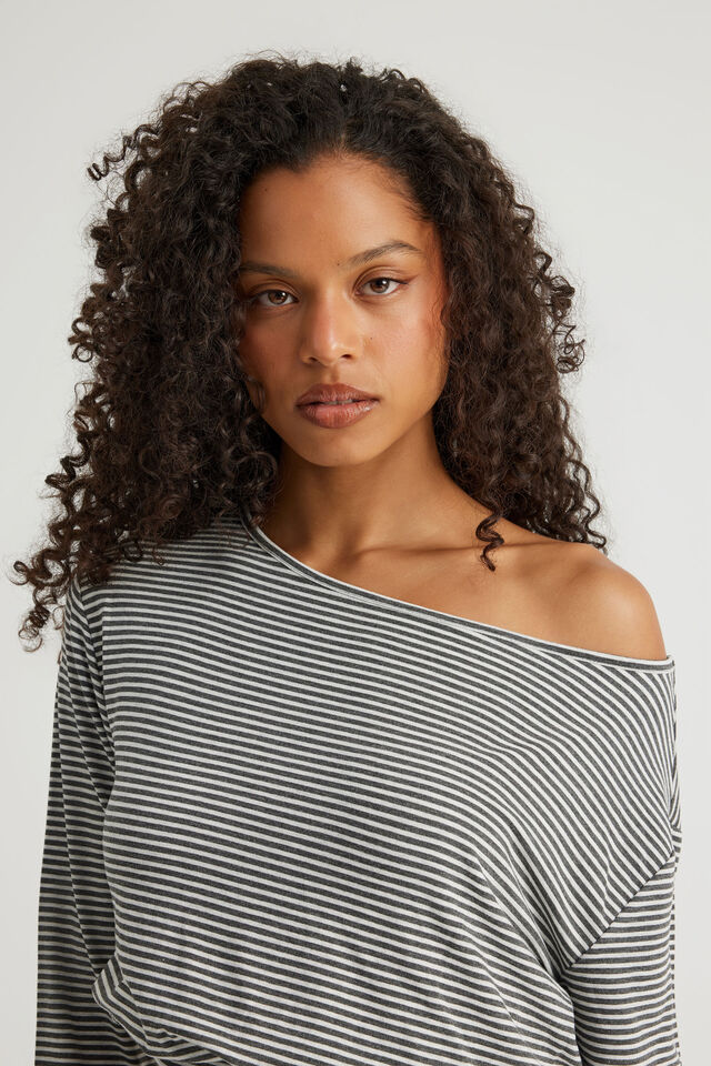 Long Sleeve Off Shoulder Top, CLOUD/GUNMETAL MARLESTRIPE