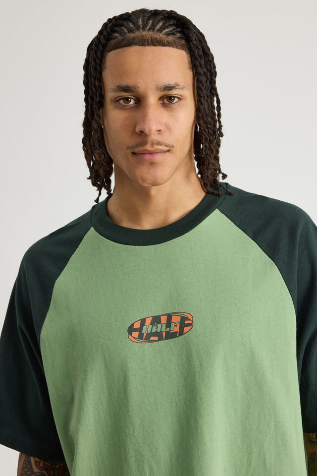 Half Half Boxy Raglan Tshirt, HH PEPPERMINT/KELP VANDALISE