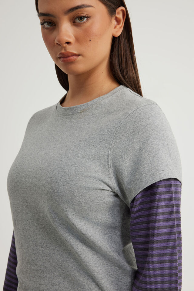Layered Long Sleeve Top, GREY MARLE/JASMINE BLUE STONE STRIPE