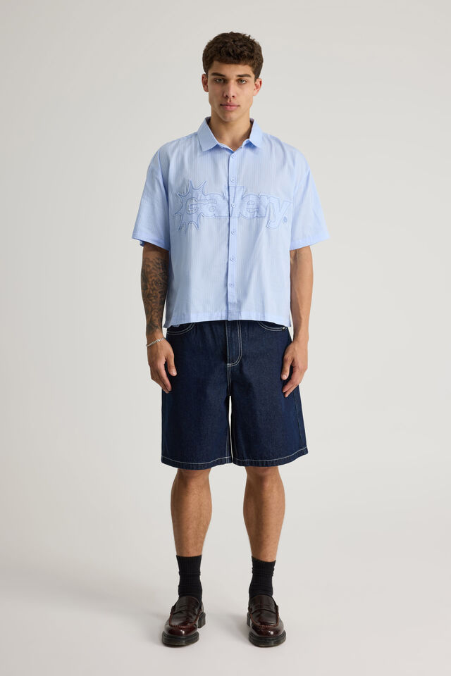 Open Gallery Boxy Cropped Short Sleeve Shirt, OG BLUE STRIPE / RAW APPLIQUE