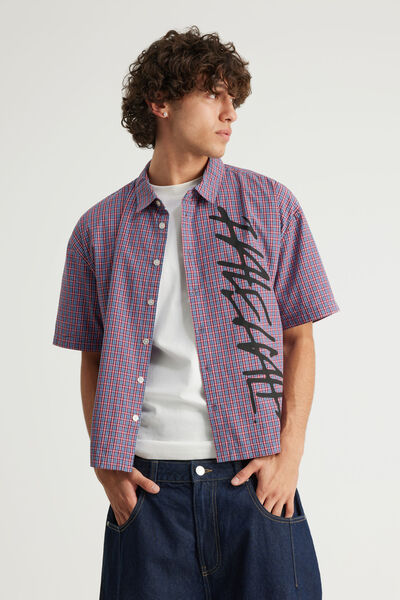 Half Half Boxy Cropped Short Sleeve Shirt, HH POP CHECK/GRAPHIC RED BLUE