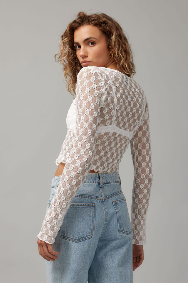 Ella 3/4 Sleeve Lace Cardi, WHITE