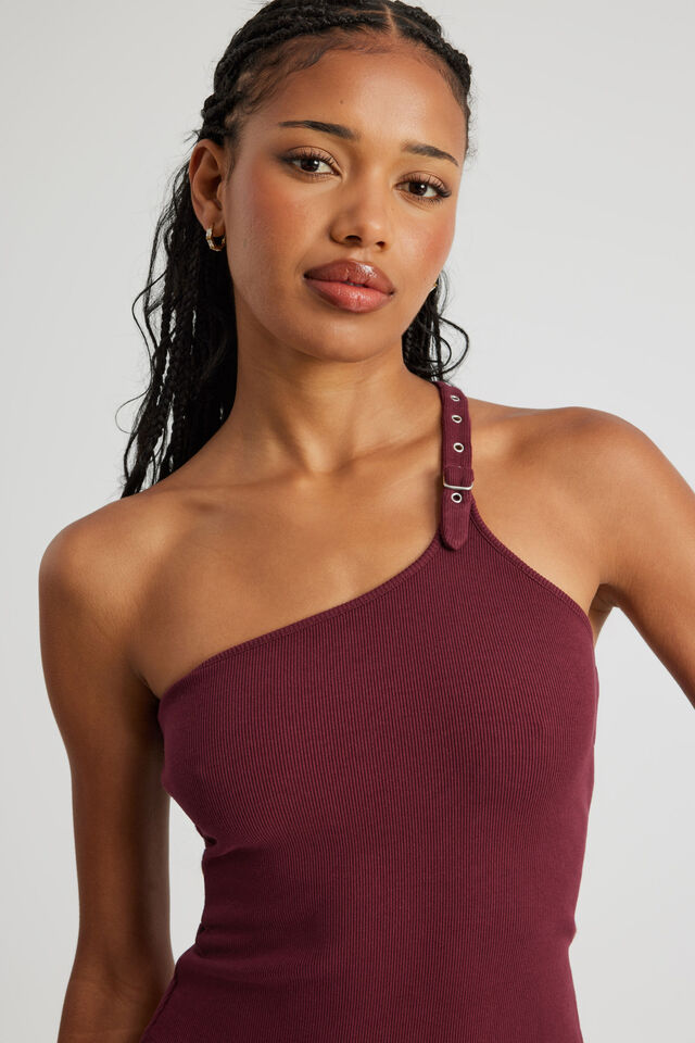 One Shoulder Buckle Top, BORDEAUX