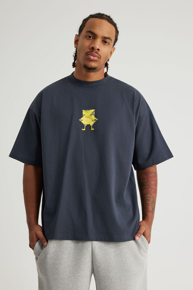 Spongebob X Half Half Heavyweight Box Fit T Shirt, LCN NIC SEAL/SPONGEBOB CAMO GRAFFITI