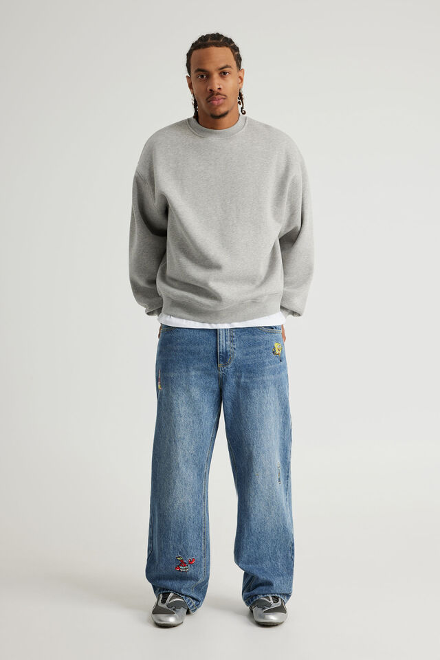 Spongebob X Half Half Painter Baggy Denim Jean, LCN NIC TDAL BLUE/SPONGEBOB
