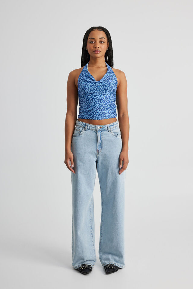 Kelly Mesh Cowl Neck Halter, BLUE LEOPARD