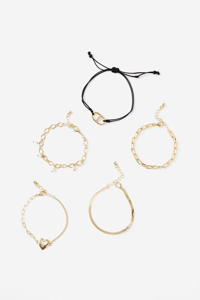 Summer Bracelet Pack, GOLD W BLK CORD AND PEARLS