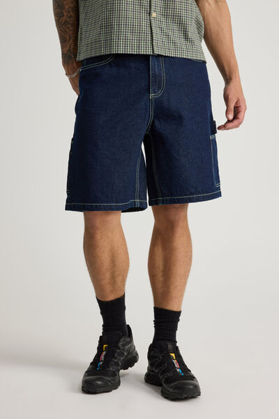 Half Half Painter Baggy Denim Short, RAW INDIGO/FAIRWAY GREEN