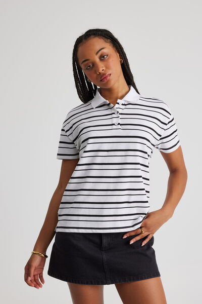 Short Sleeve Polo Top, BLACK/WHITE STRIPE
