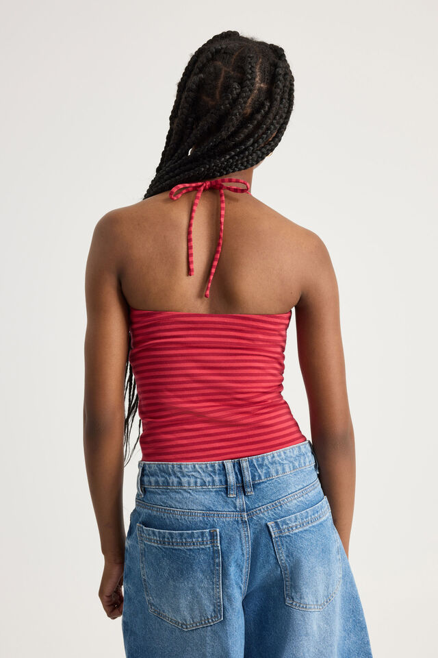 Ruched Front Bandeau Halter, RANCH RED STRIPE