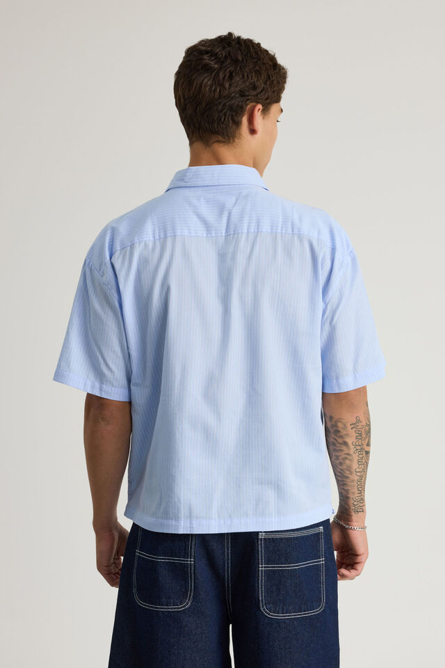 Open Gallery Boxy Cropped Short Sleeve Shirt, OG BLUE STRIPE / RAW APPLIQUE
