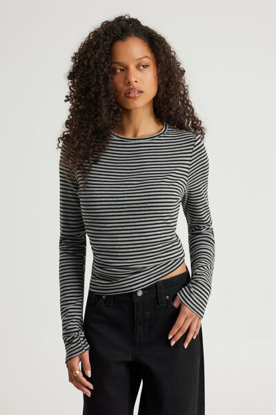Fitted Long Sleeve Top, BLACK/GUNMETAL MARLE STRIPE