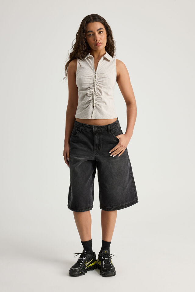 Zip Front Sleeveless Shirt, PUMICE PINSTRIPE