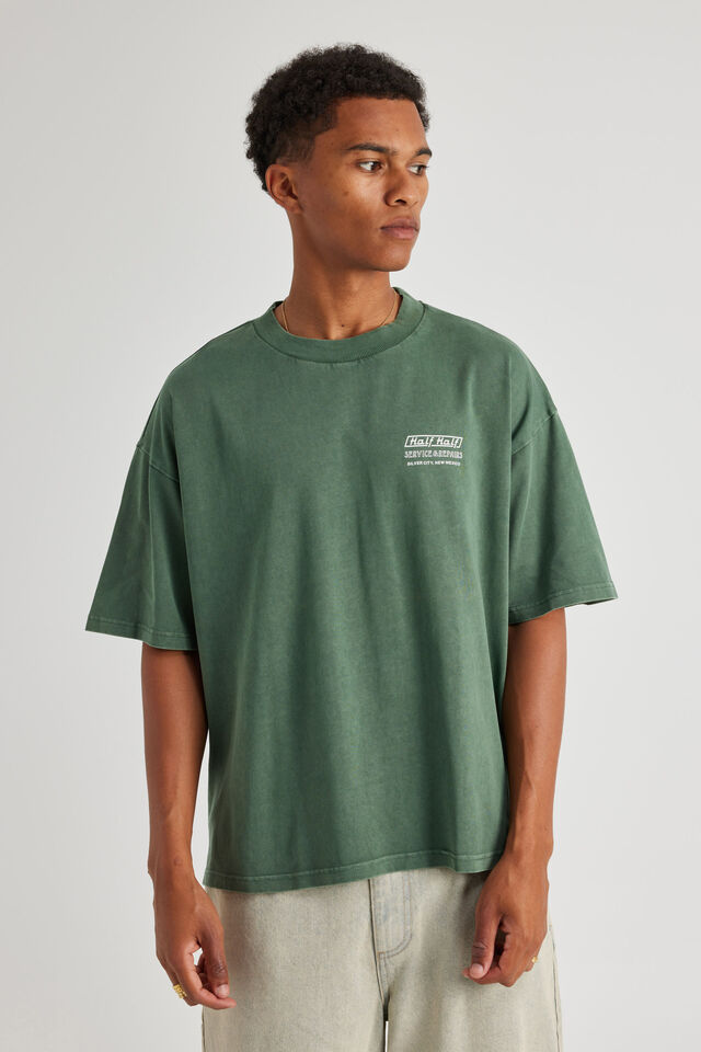 Half Half Heavyweight Box Fit Graphic Tshirt, HH WASHED SMOKEY PINE/SERVICES AND REPAIRS