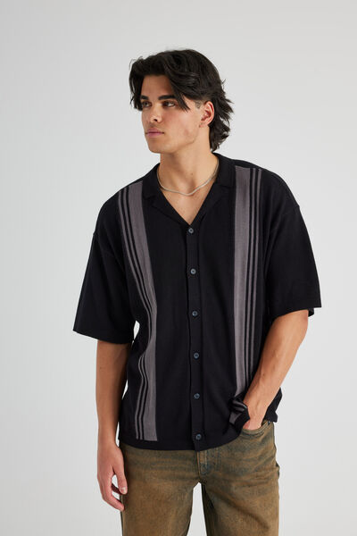 Boxy Knit Shirt, BLACK/CHARC STRIPE