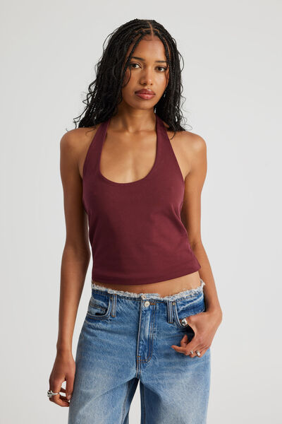 Scoop Neck Halter Top, WASHED BOARDEAUX