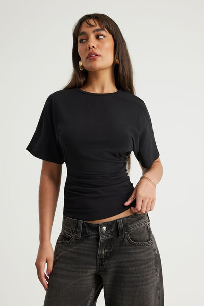 Batwing Cinch Waist Top, BLACK