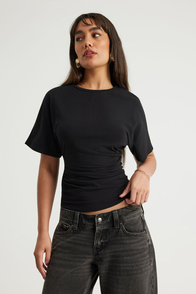 Batwing Cinch Waist Top, BLACK