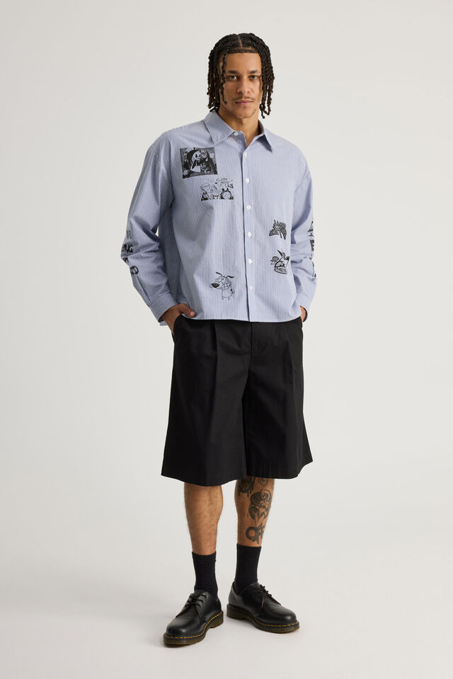 Cartoon Network X Half Half Long Sleeve Shirt, LCN WB BLUE WHT PINSTRIPE/CARTOON NETWORK