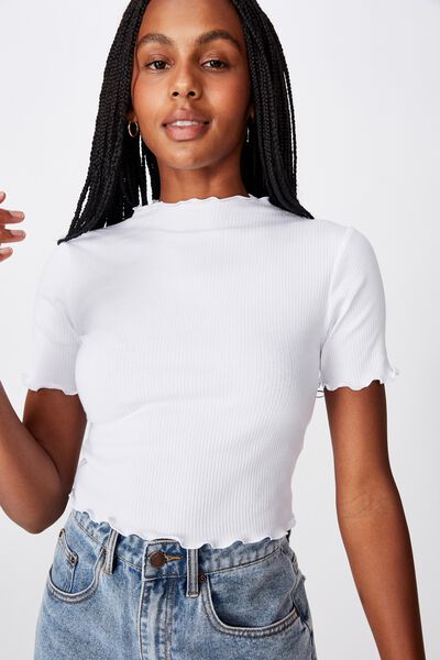 Rib Lettuce Edge Funnel Neck Top, WHITE