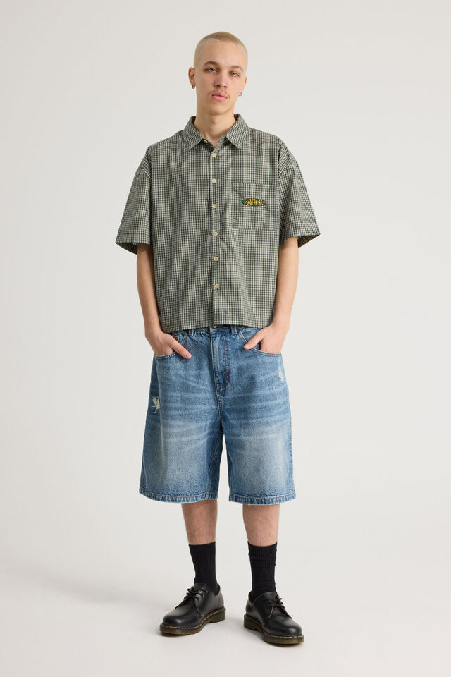 Half Half Boxy Cropped Short Sleeve Shirt, NAVY GREEN CHECK/HH PILL