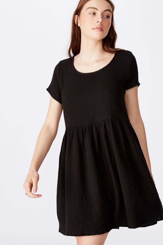 Short Sleeve Babydoll Dress, BLACK