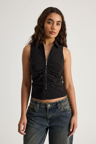 Zip Front Sleeveless Shirt, BLACK