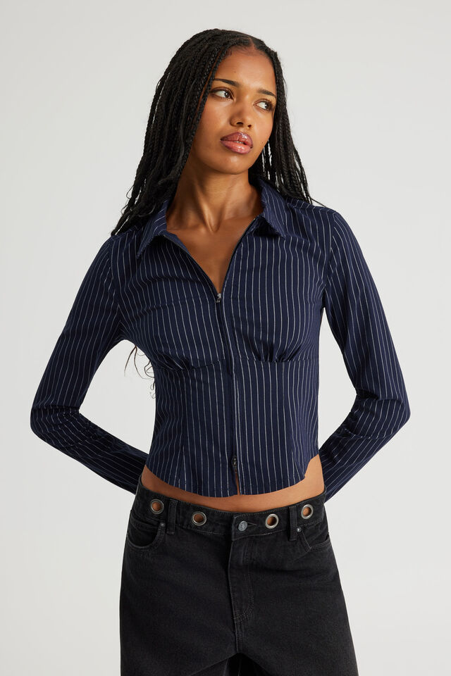 Long Sleeve Zip Through Shirt, NAVY PINSTRIPE