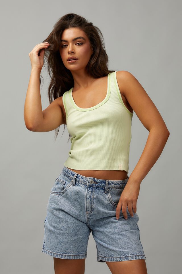Contrast Stitch Scoop Neck Tank, WASHED LIME