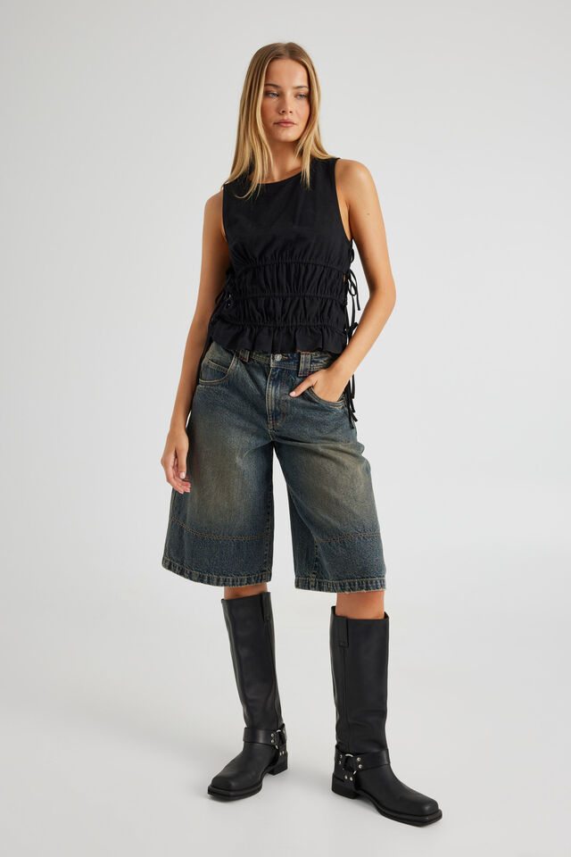 Remi Ruched Tie Top, BLACK