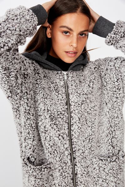 Plush Fleece Zip Thru Hoodie, BLACK MARLE