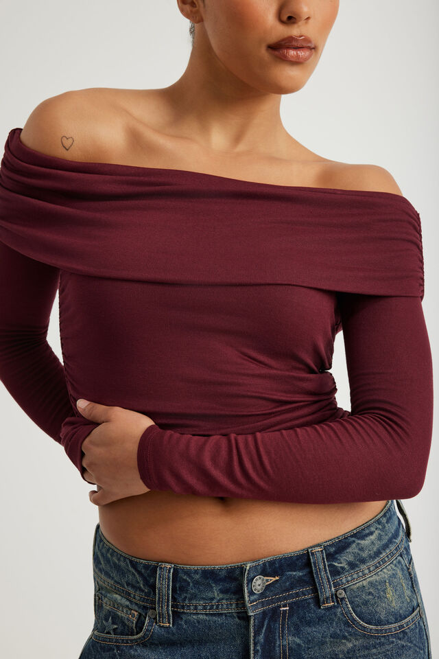 Off Shoulder Long Sleeve Top, MERLOT