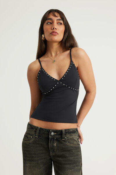 V Neck Cami, BLACK / STUDS