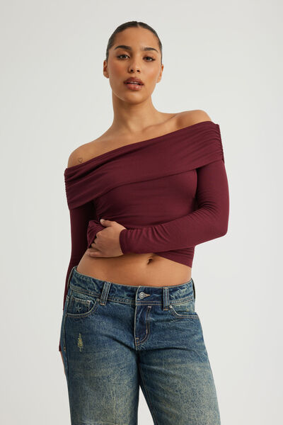 Off Shoulder Long Sleeve Top, MERLOT