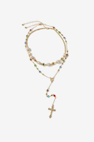 Stone Layered Cross Necklace, GOLD