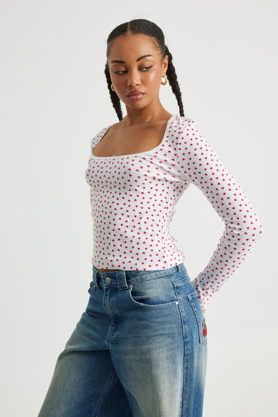 Ava Pointelle Long Sleeve Top, WHITE/HEARTS