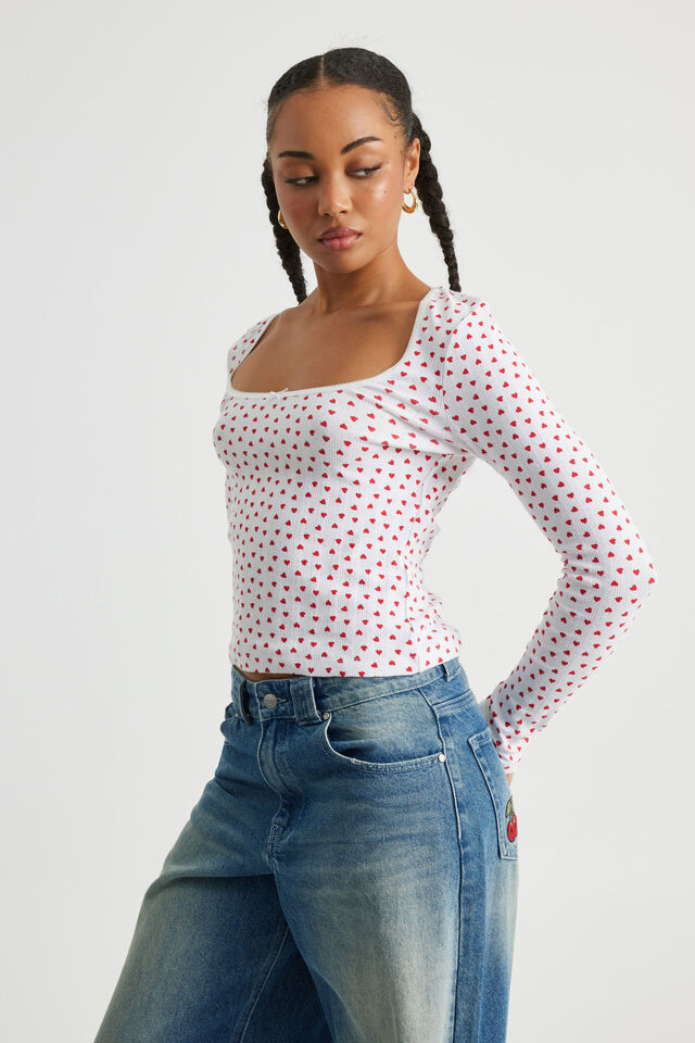 Ava Pointelle Long Sleeve Top, WHITE/HEARTS