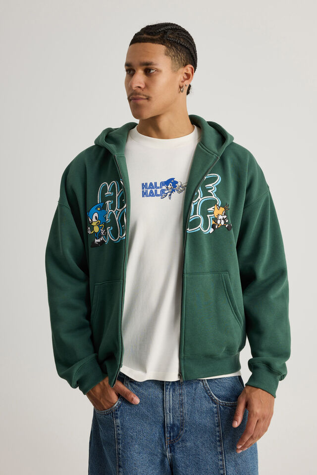 Sonic X Half Half Zip Thru Hoodie, LCN SEG WASHED GREEN/SONIC AND TAILS BUBBLE