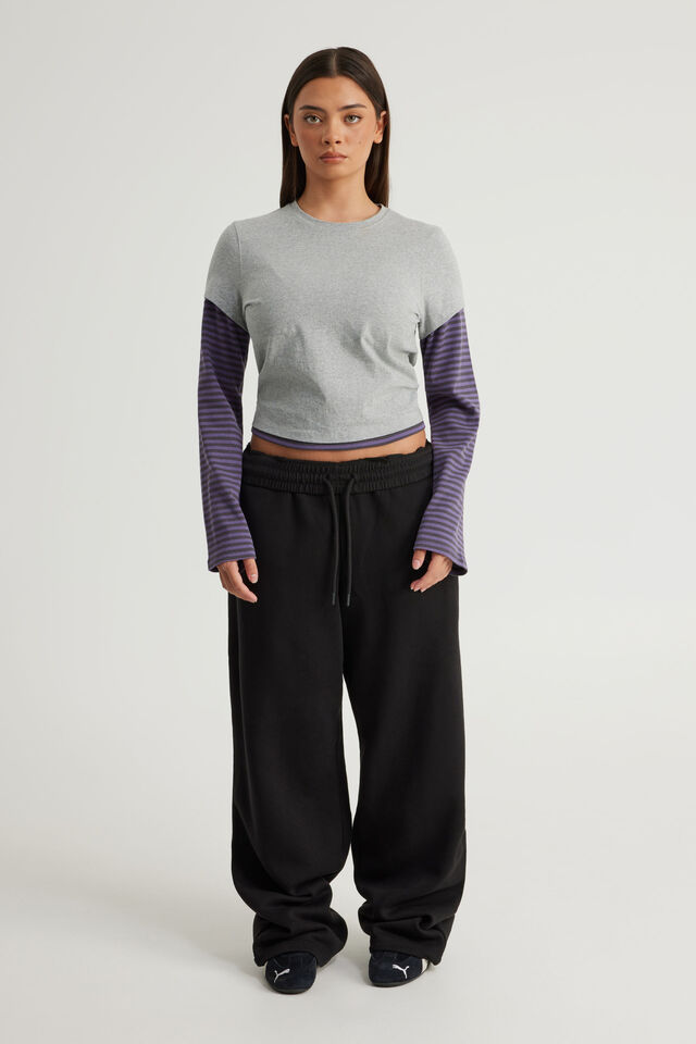 Layered Long Sleeve Top, GREY MARLE/JASMINE BLUE STONE STRIPE