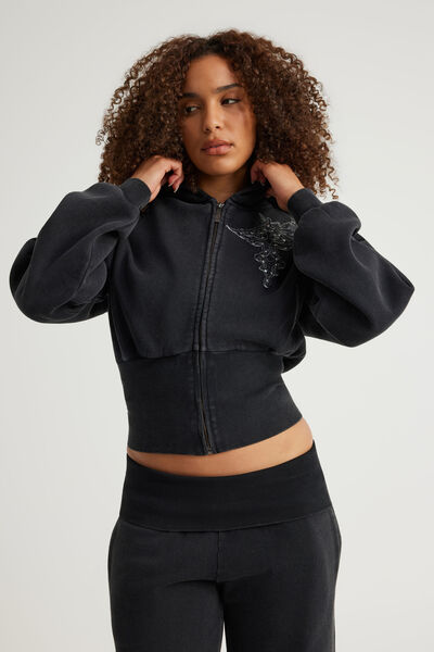 Notion Corset Zip Through Hoodie, NTN LIGHT WASHED BLACK/GOTHIC