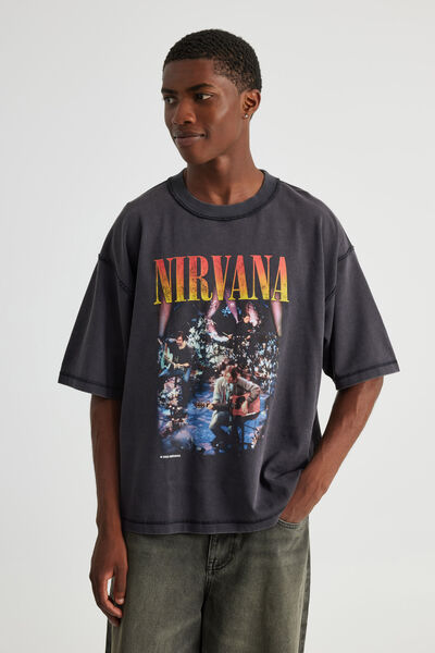 Boxy Cropped Music T Shirt, LCN MT WASHED BLACK/NIRVANA UNPLUGGED