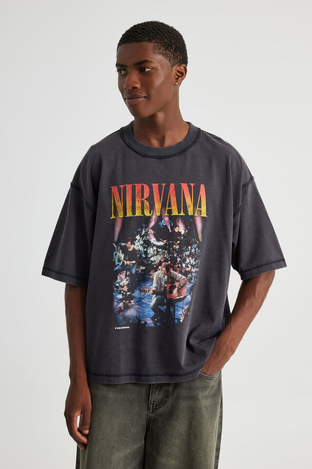 Boxy Cropped Music T Shirt, LCN MT WASHED BLACK/NIRVANA UNPLUGGED