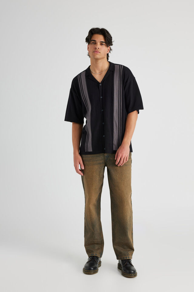 Boxy Knit Shirt, BLACK/CHARC STRIPE