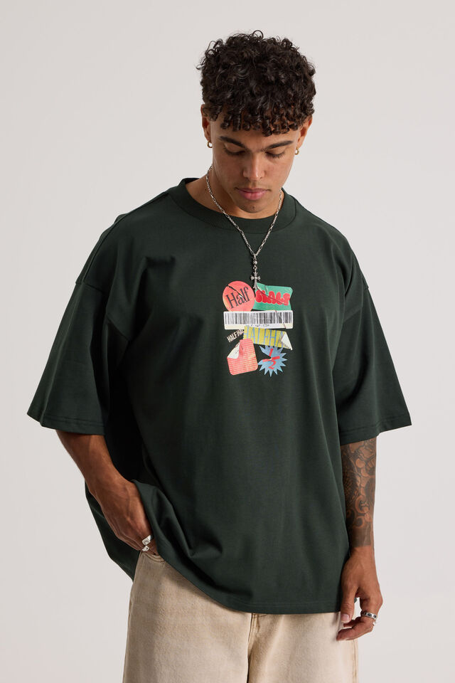 Half Half Heavyweight Box Fit Graphic Tshirt, HH KELP/HALF HALF BARCODE