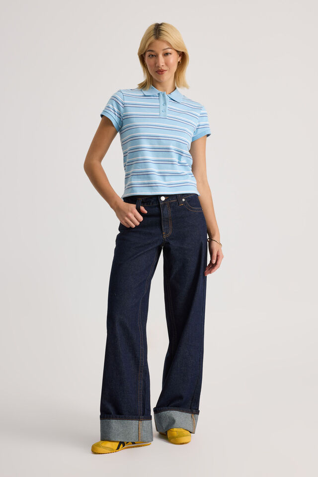 Short Sleeve Fitted Polo, ALBA STRIPE/AIRY BLUE